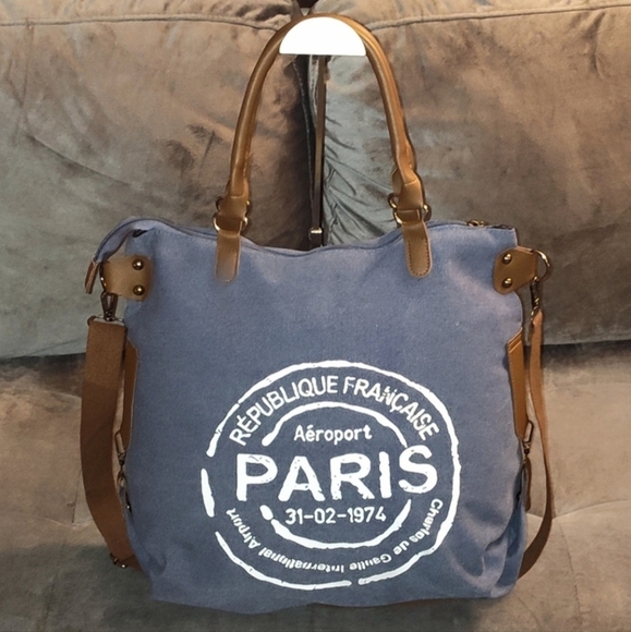 REPUBLIC OF FRANCE PARIS AÈROPORT TOTE SHOULDER BAG BLUE CANVAS WITH BROWN TRIM